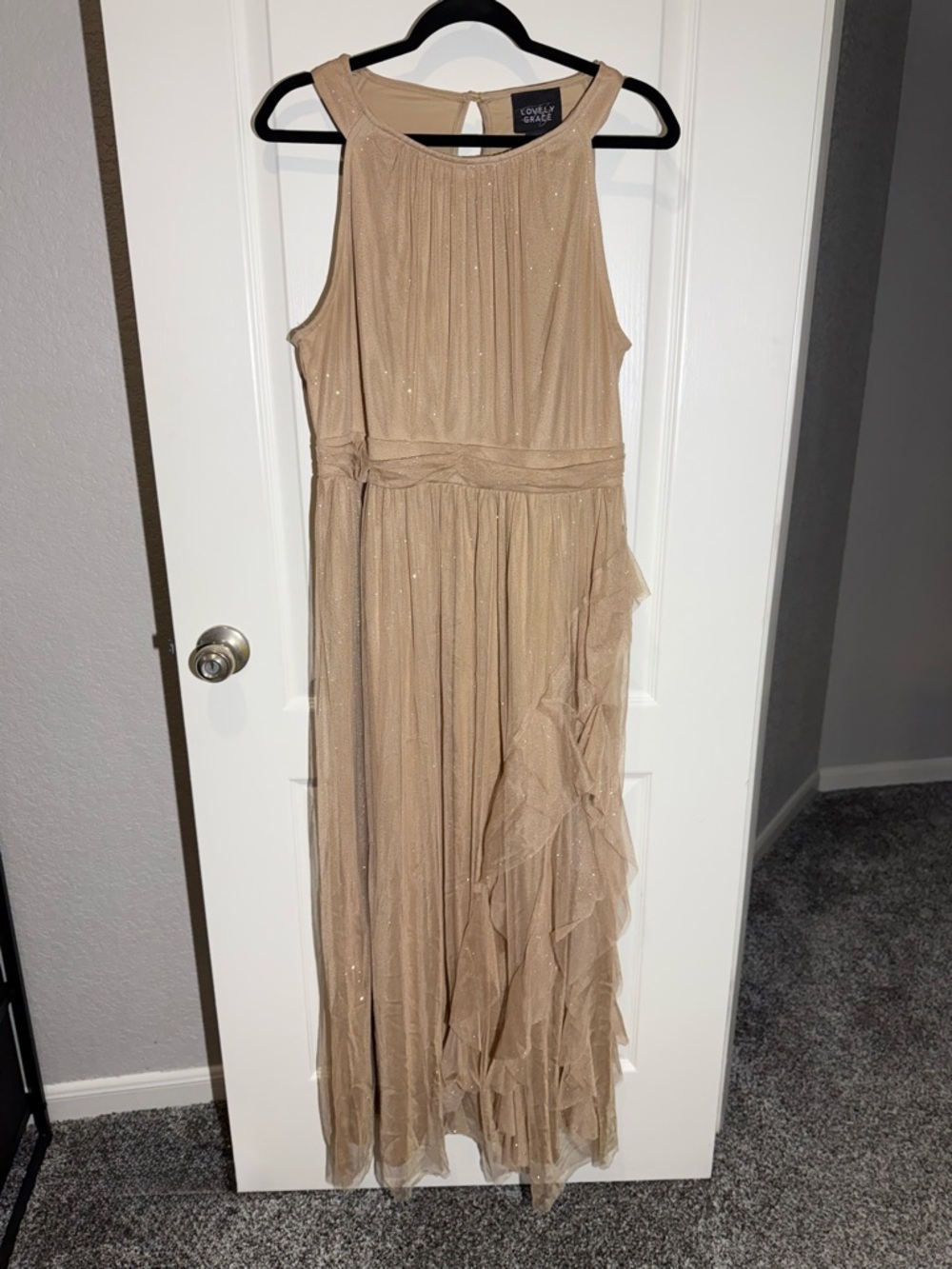 Champagne Gold Sparkle Back Gown Formal Ruffles Dress